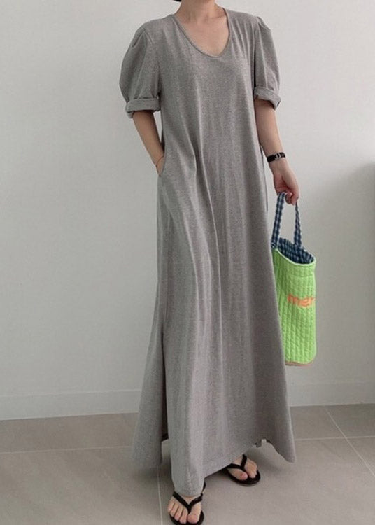 Loose Grey O-neck Cozy Knit Long Dress Summer