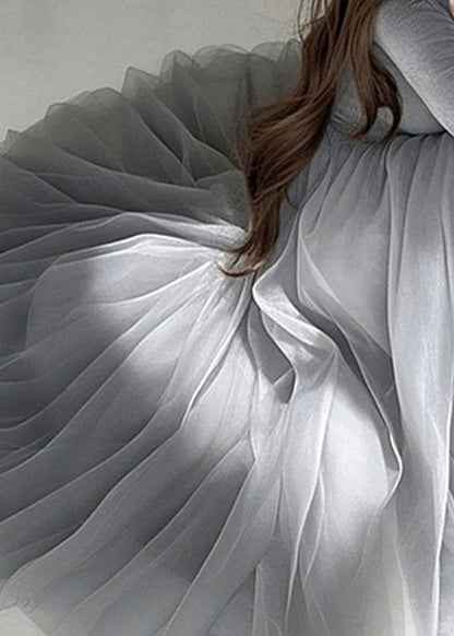 Grey O-neck Tulle Maxi Dress Spring