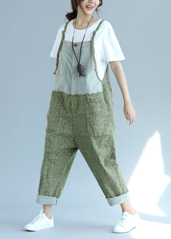Green Pockets Patchwork Wide Leg Jumpsuit Spring