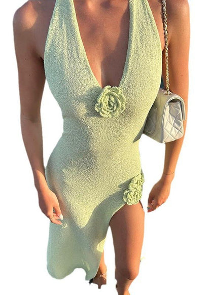 French Fruit Green Decorated Side Open Knit Holiday Dress