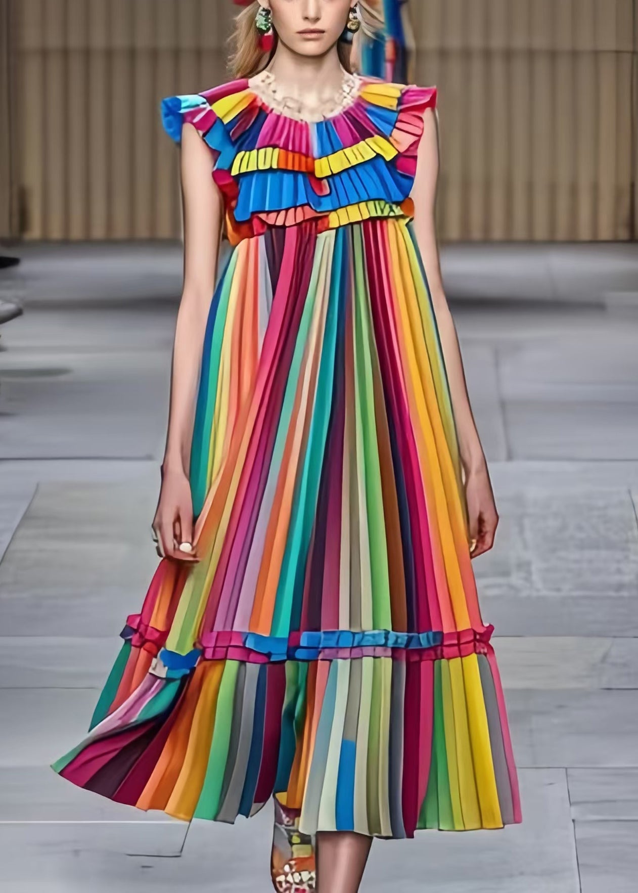 Rainbow Ruffled Striped Chiffon Holiday Pleated Dress Summer