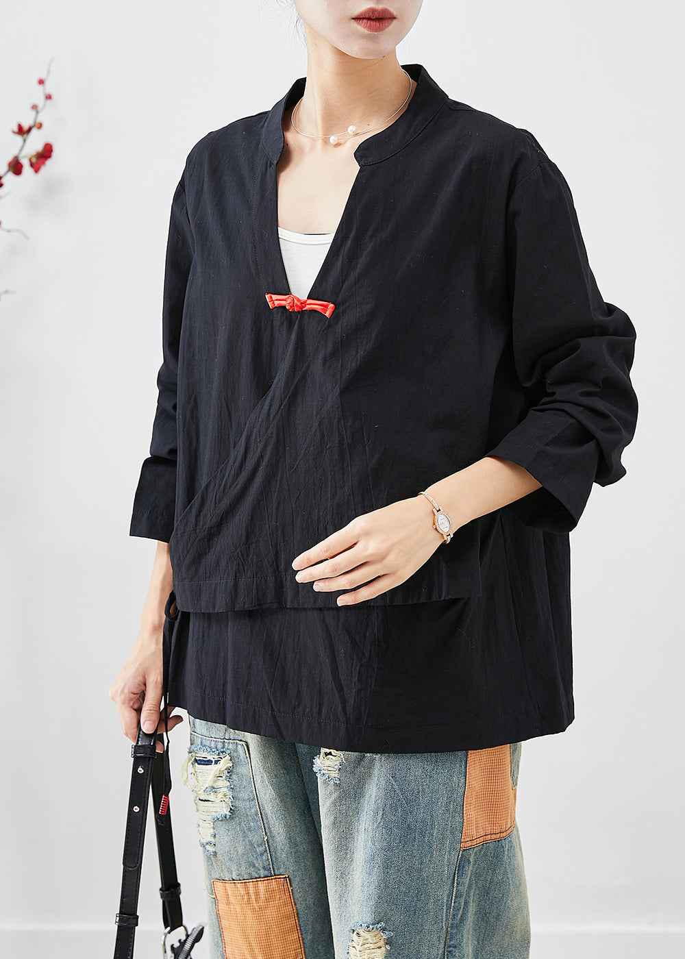 Black Lace Up Chinese Button Cotton Blouse Top Fall
