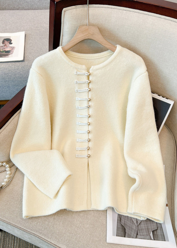 White O-neck Chinese Button Knit Cardigans Winter