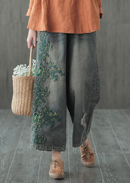 Blue Hole Embroideried Denim Cotton Wide Leg Pants Spring