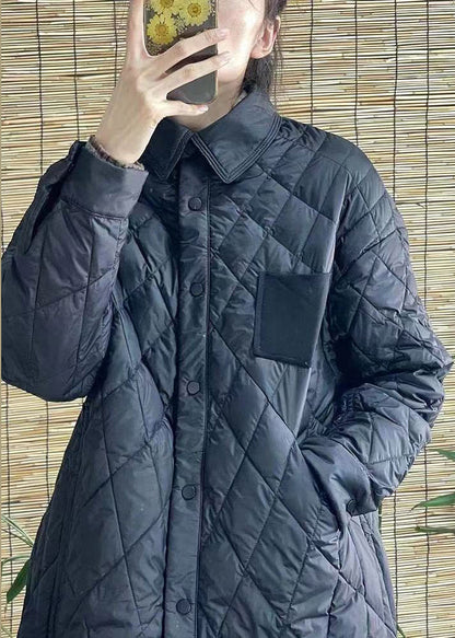 Black Peter Pan Collar Button Patchwork Duck Down Coat Winter