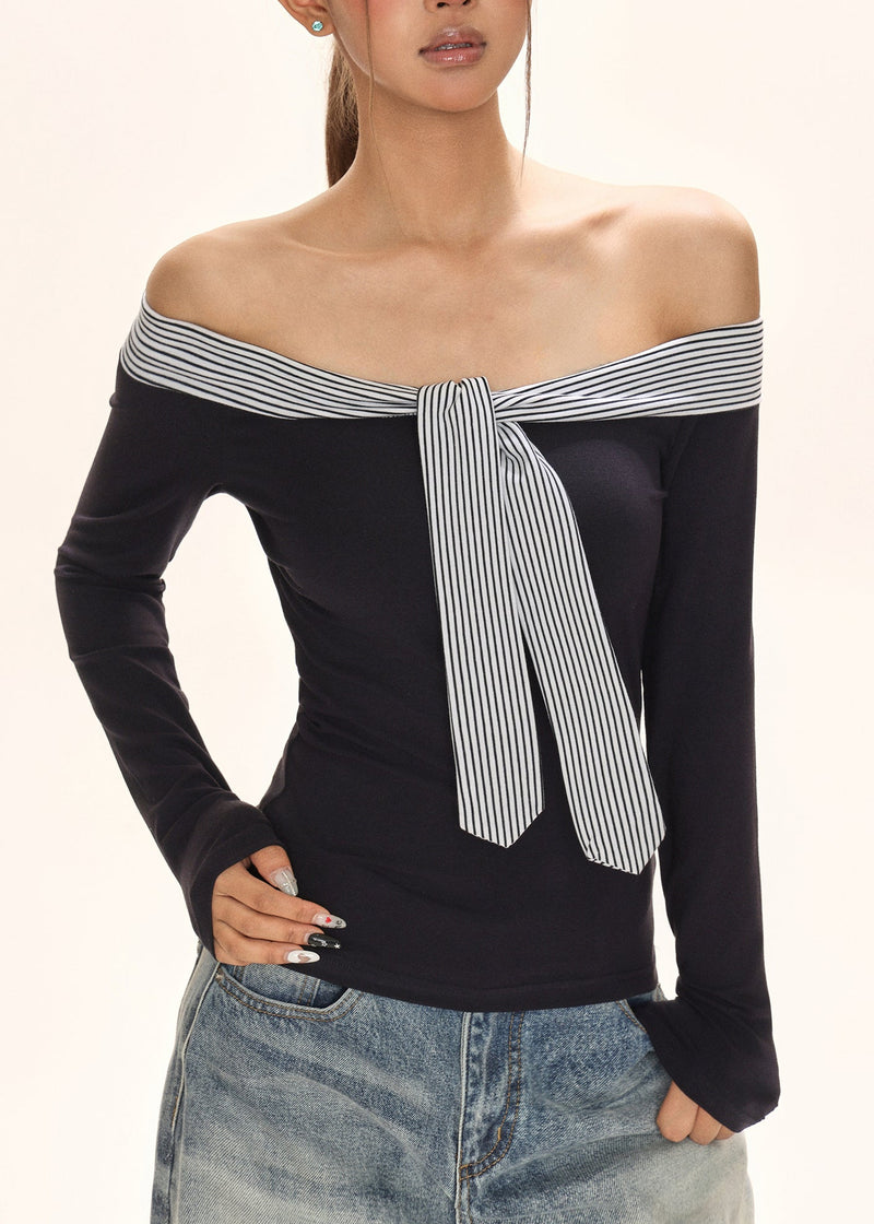 Italian Navy Blue Cold Shoulder Tie Lace T Shirt Fall
