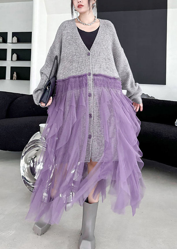 Grey V Neck Tulle Patchwork Knit Cardigans Fall