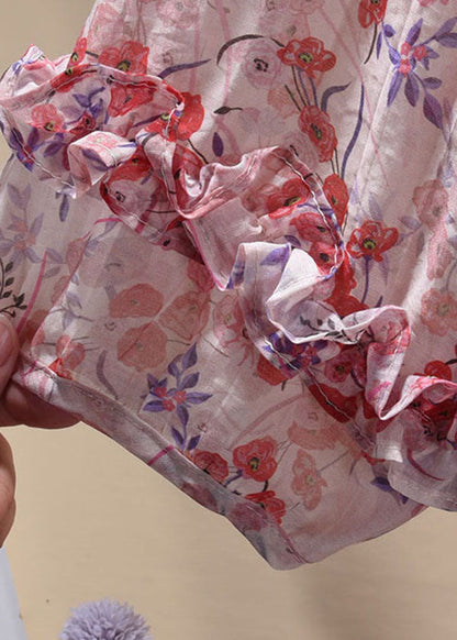 Classy Red O-neck Ruffled Print Chiffon Shirt Top Short Sleeve