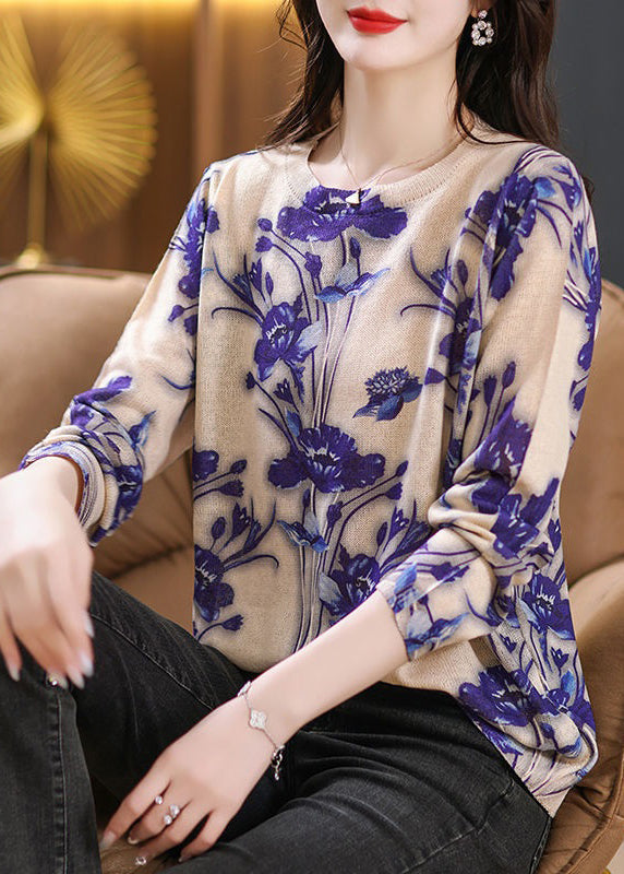 Purple O Neck Print Patchwork Knit Sweaters Fall