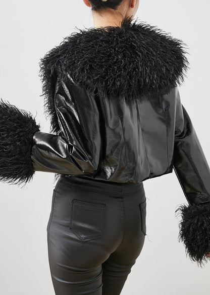 Black Fur Collar Patchwork Faux Leather Coat Winter