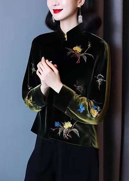 Loose Black Stand Collar Embroideried Patchwork Silk Velour Top Long Sleeve
