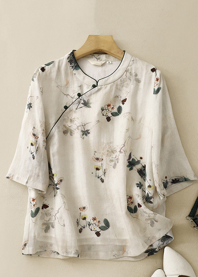 Beige Stand Collar Print Linen Tops Summer