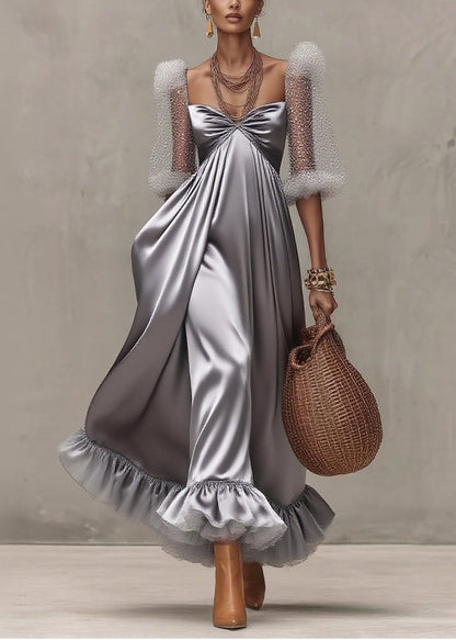 Grey Exra Large Hem Patchwork Tulle Evening Dress Puff Sleeve
