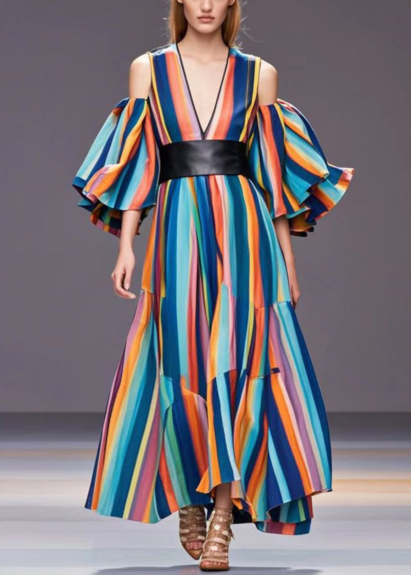 Rainbow Cold Shoulder Striped Cotton Cinched Dresses Fall