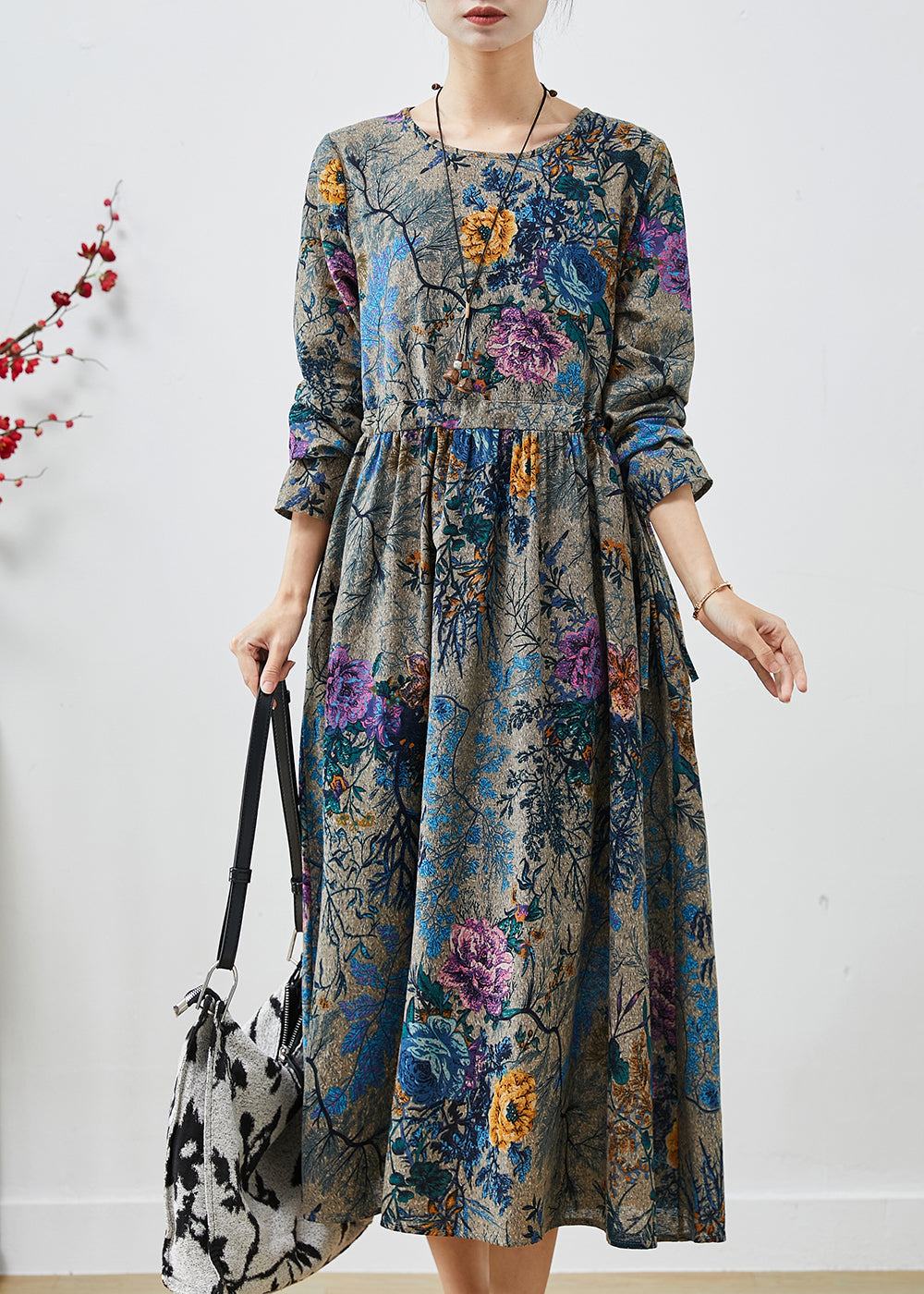 Peacock Blue Cinched Print Cotton Dress Spring