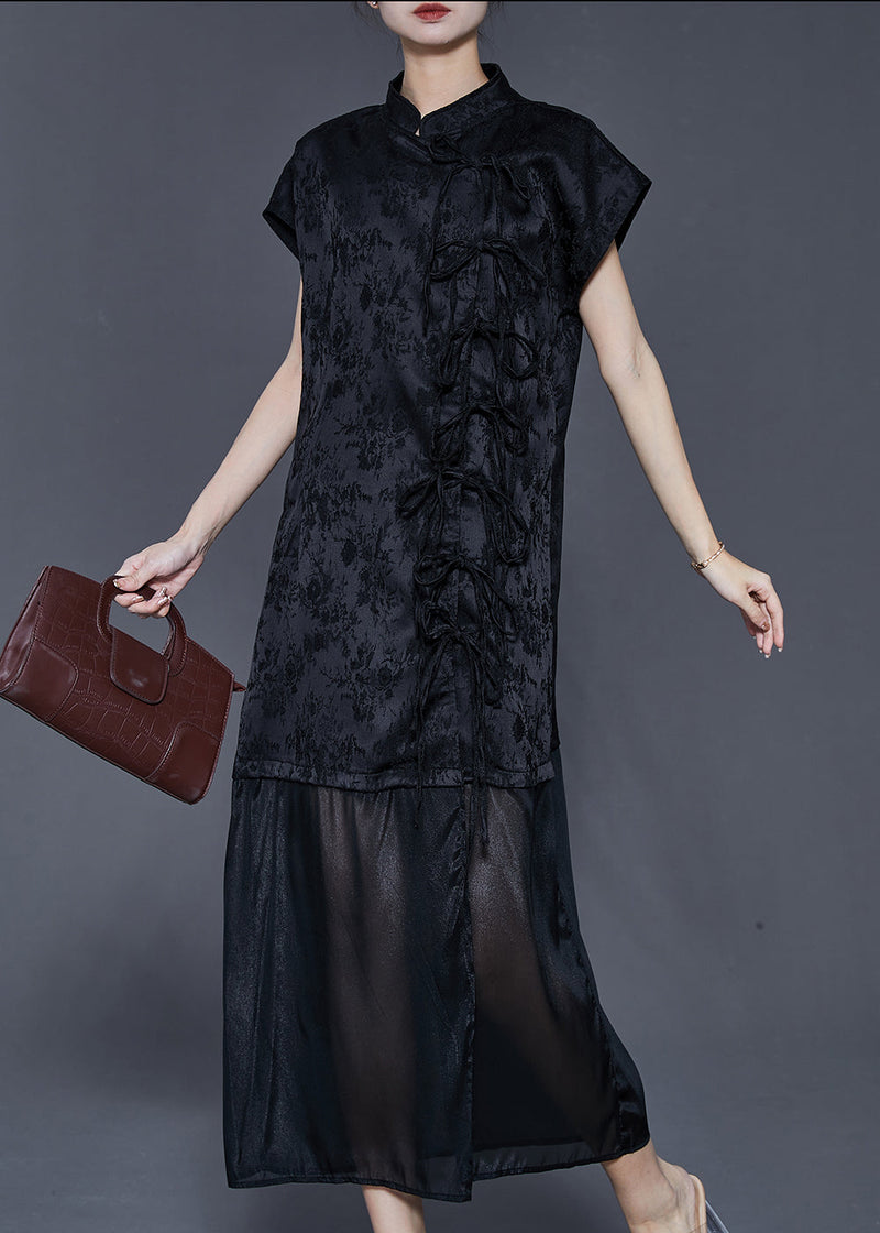 Black Jacquard Patchwork Bow Silk Dress Summer