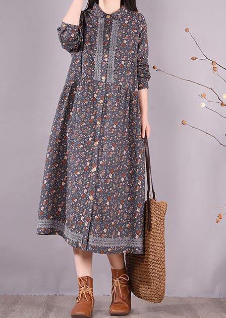 Vivid Blue Print Clothes Lapel Lace Robe Spring Dress