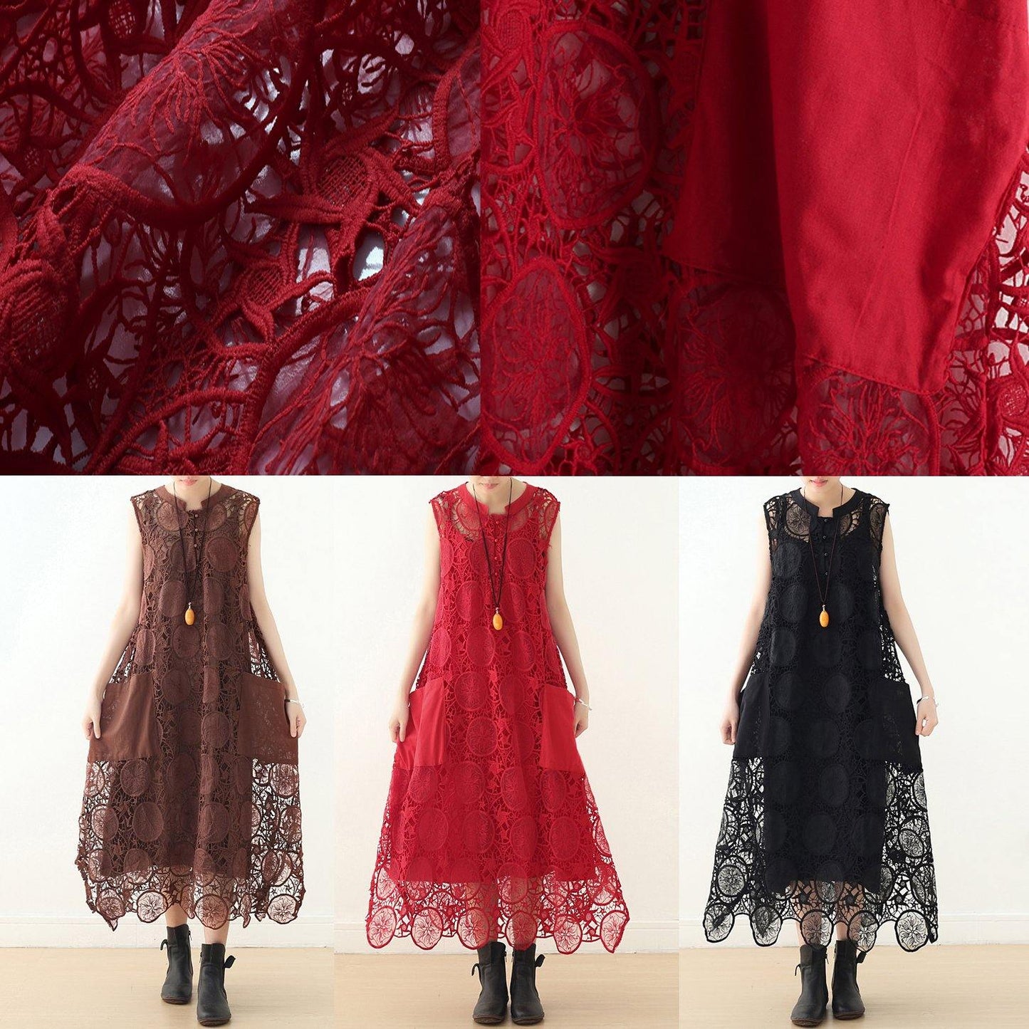 Organic Chocolate Sleeveless Cotton Tunics O Neck Lace Summer Dresses