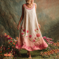 Pink Floral Embroidered Gradient Linen Tank Maxi Dress artswardrobe