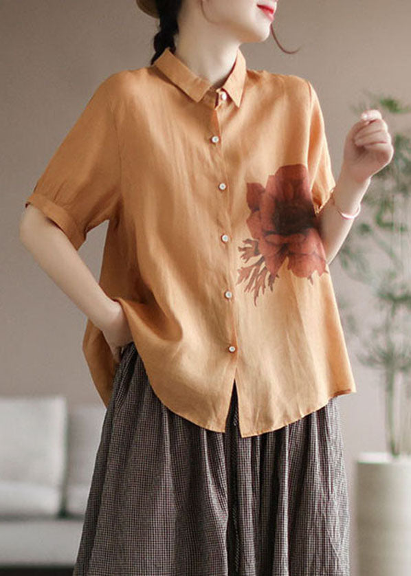 Yellow Print Linen Shirt Tops Patchwork Short Sleeve