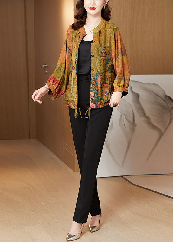 Yellow Drawstring Pockets Button Print Satin Coats Long Sleeve