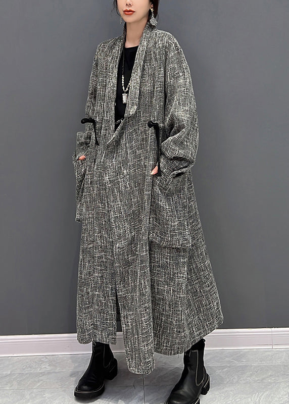 Grey Notched Plaid Button Trench Coats Fall