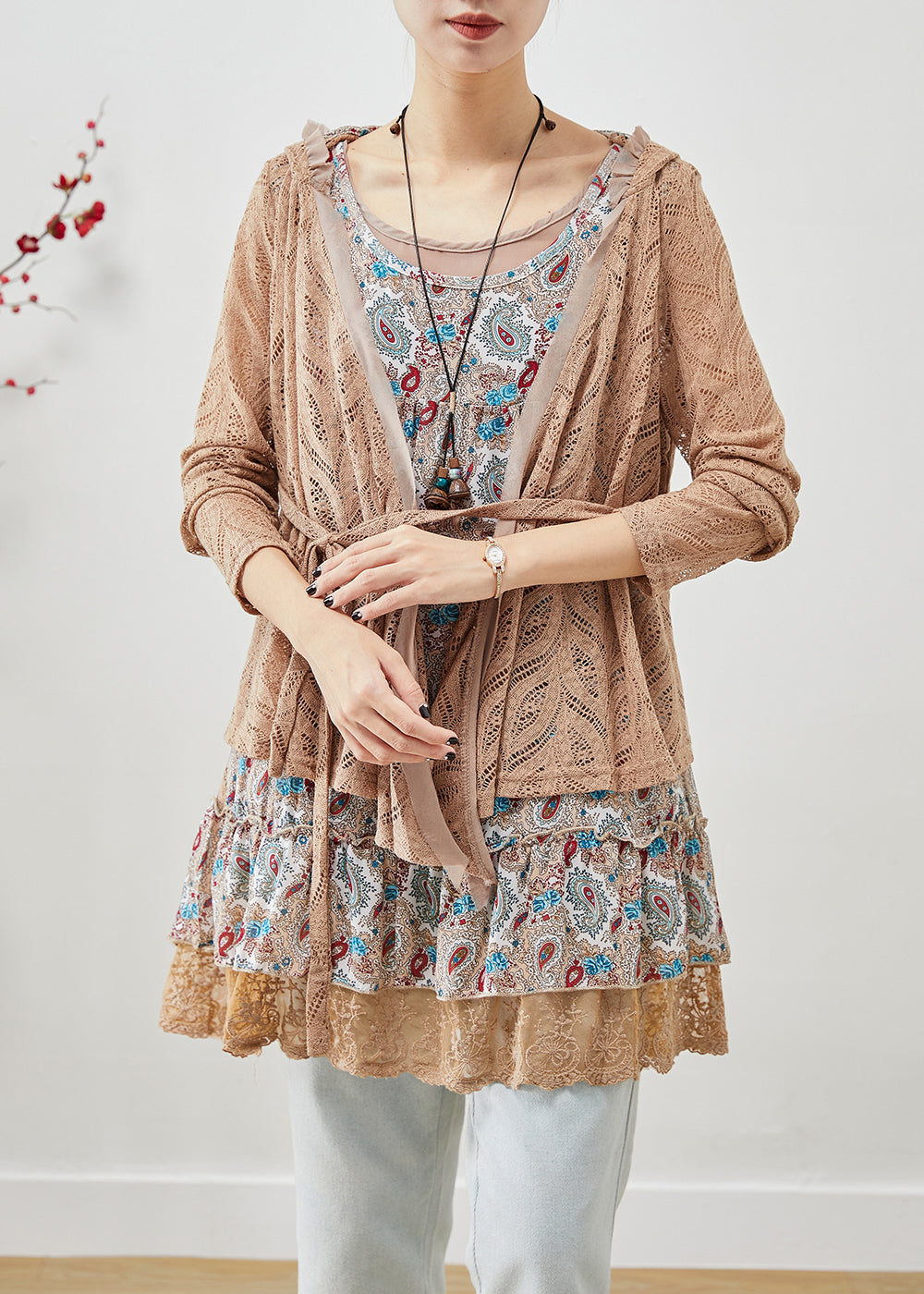Khaki Hooded Patchwork Wrinkled Cotton Fake Two Piece Mini Dress Fall