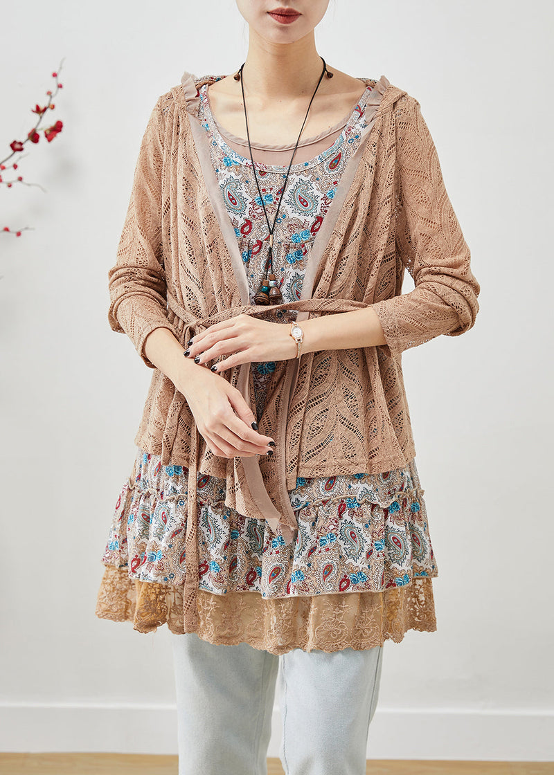 Khaki Hooded Patchwork Wrinkled Cotton Fake Two Piece Mini Dress Fall