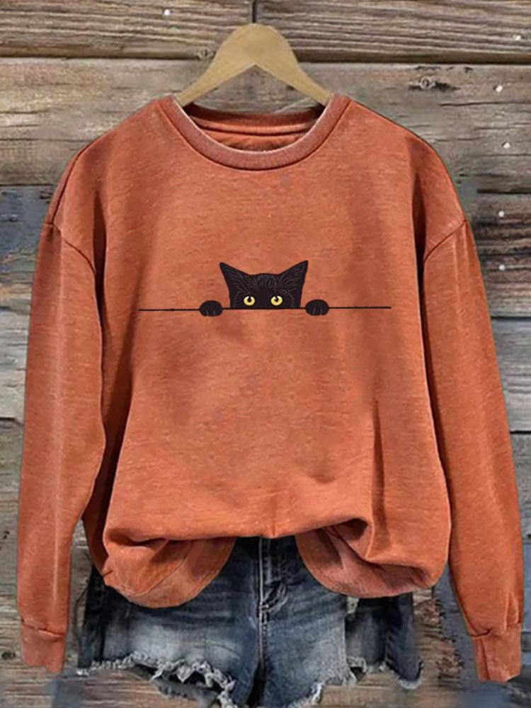 Comstylish Women's Casual Funny Black Cat Print Sweatshirt