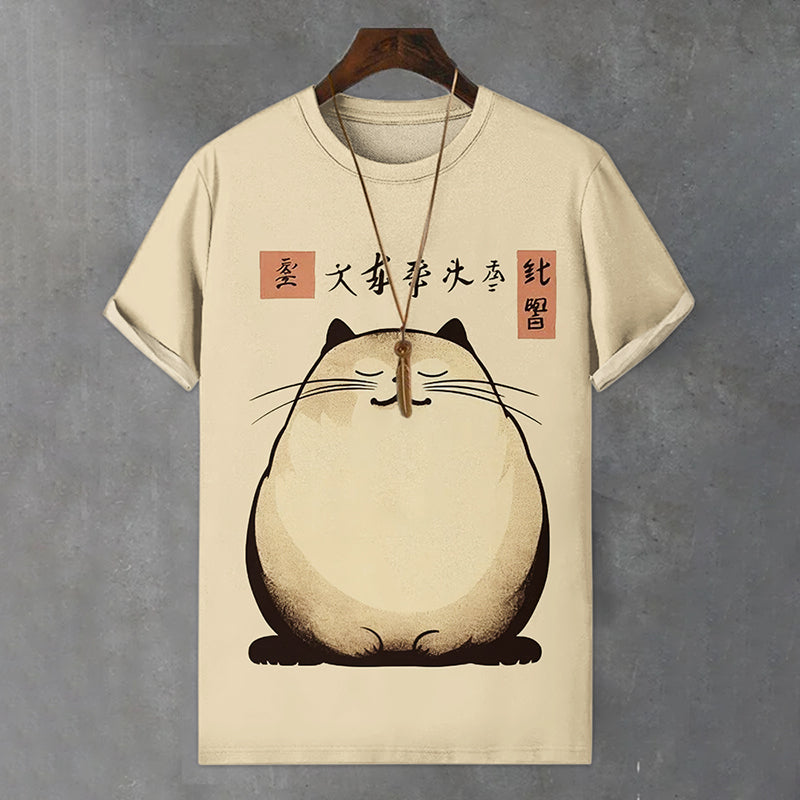 Men's Japanese Lazy Fat Cat Art Print Comfortable T-shirt elevenforest