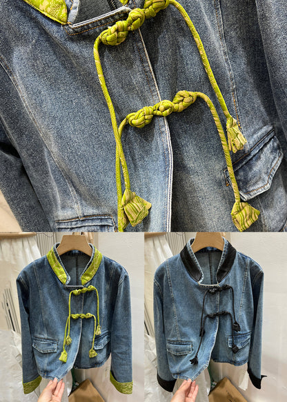 Green Stand Collar Chinese Button Denim Coat Spring