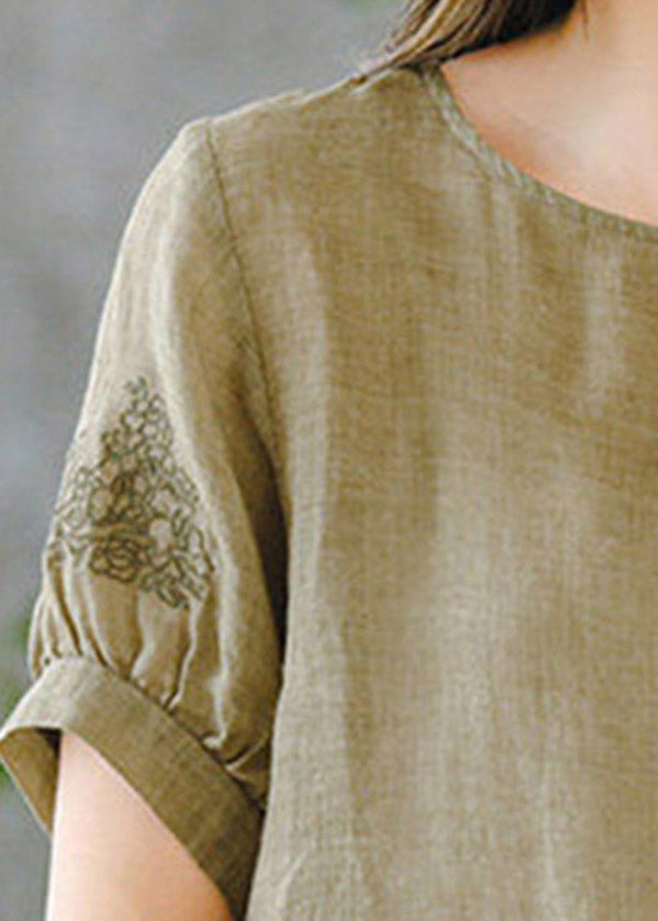 Grass Green O-neck Embroideried Ruffled Linen Tops Short Sleeve