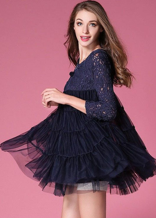 French Navy O-neck Lace Patchwork Hollow Out Tulle Coat Bracelet Sleeve