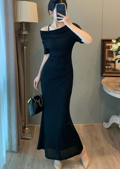 Black Slash Neck Silm Fit Long Dress Summer