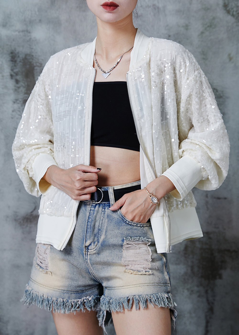 Beige Sequins Pockets Cotton Jackets Summer