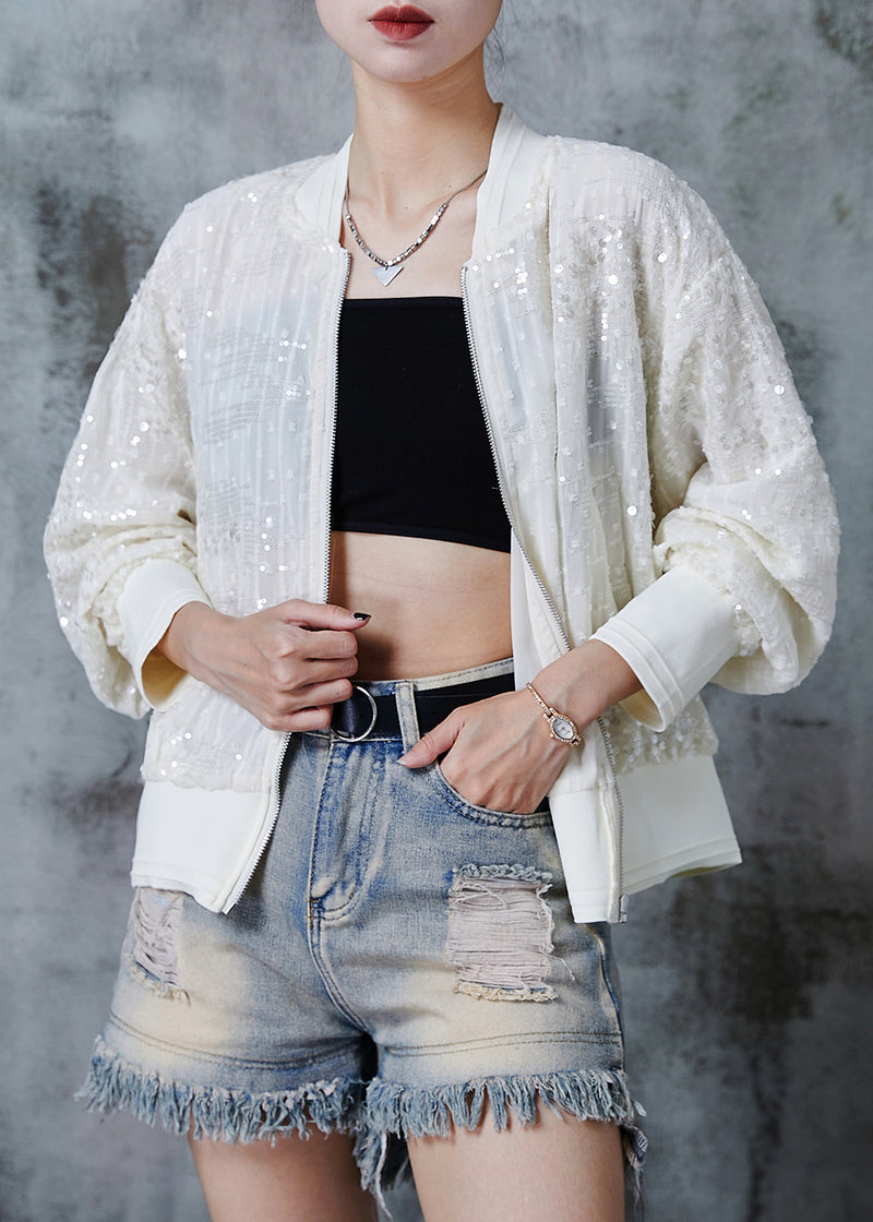 Beige Sequins Pockets Cotton Jackets Summer