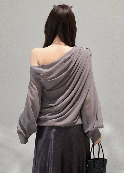 Handmade Grey Cold Shoulder Chiffon Top Fall