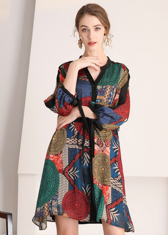 Diy V Neck Cinched Print Chiffon Shirt Dress Spring