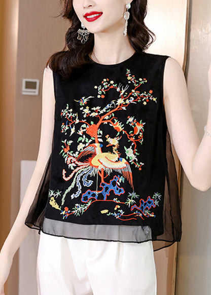Loose Black O-neck Embroidered Tulle Tank Sleeveless