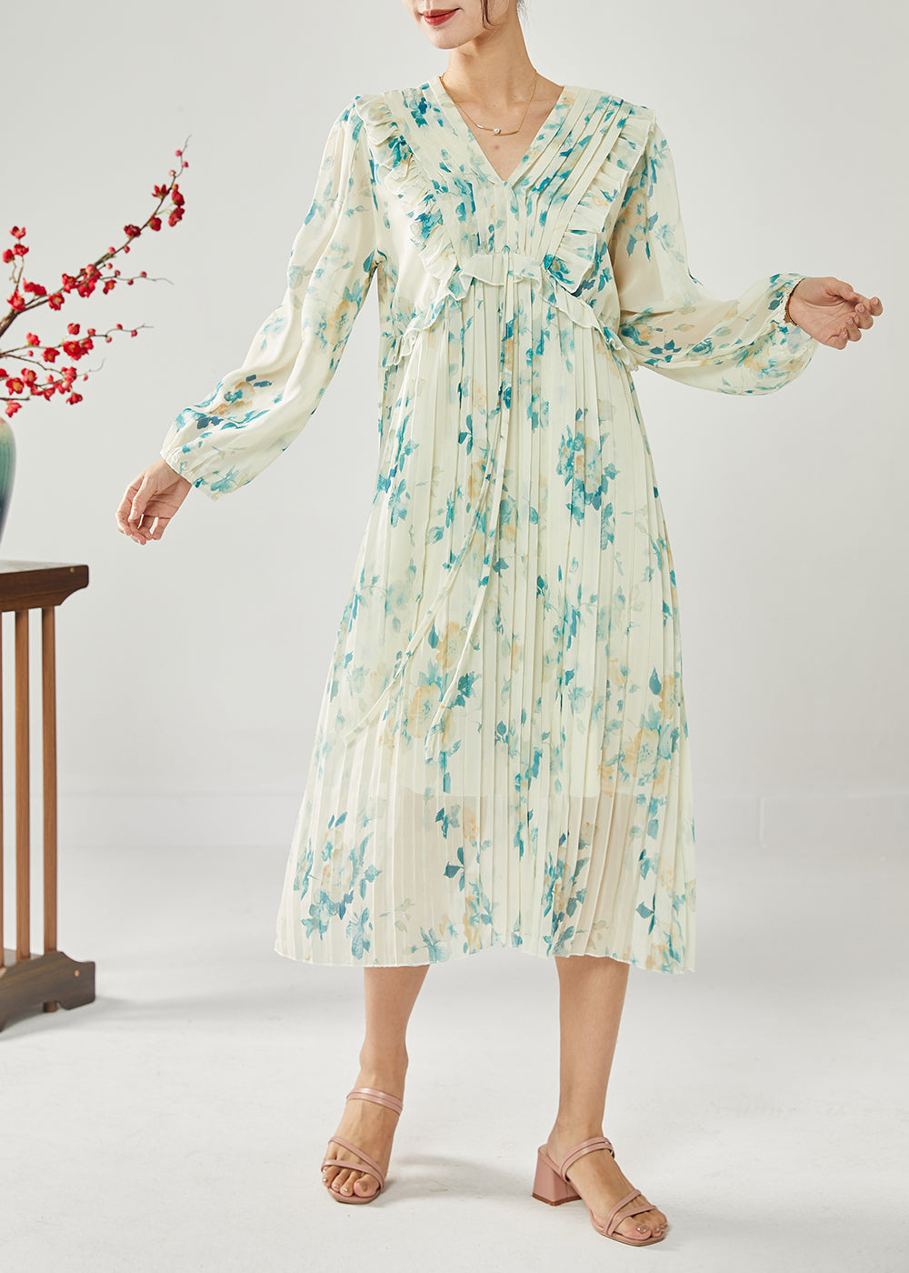 Blue Print Patchwork Ruffles Wrinkled Chiffon Long Dress Spring