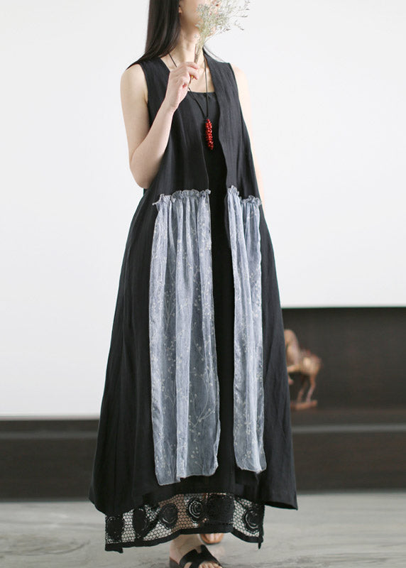 Black Print Silk Patchwork Linen Waistcoat and Spaghetti Strap Dress Two Piece Set Summer