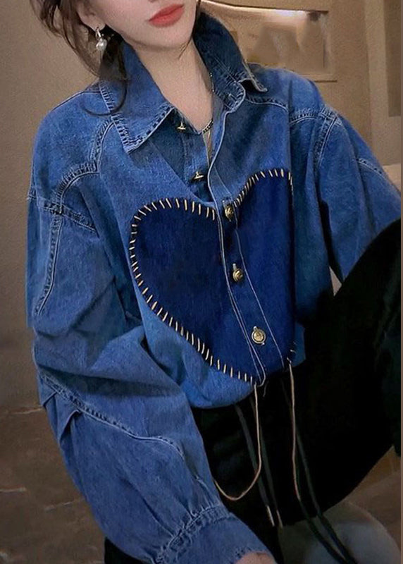 French Blue Peter Pan Collar Button Patchwork Denim Shirts Top Spring
