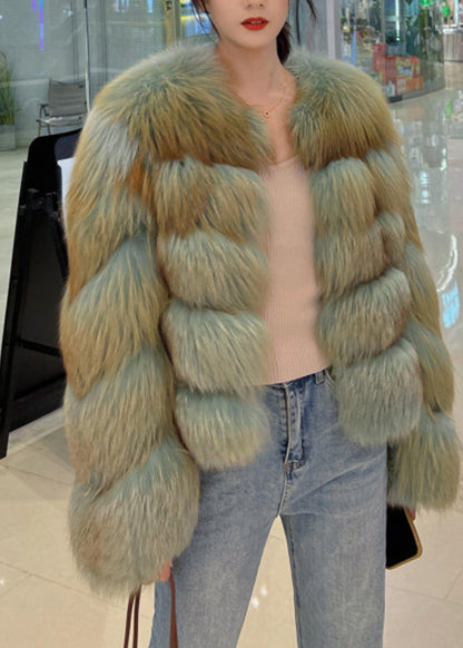 Green Patchwork Leather and Fur Coat Long Sleeve