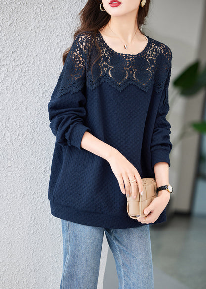 Navy Embroideried Hollow Out Cotton Tops Spring