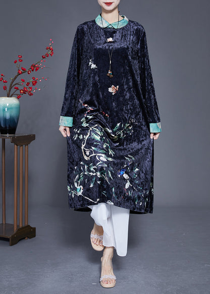 Black Print Patchwork Silk Velour Vacation Dresses Spring