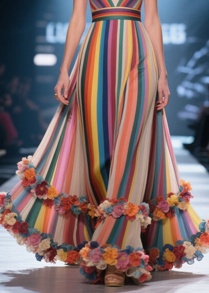 Multicolour Striped Flower Decorated Chiffon Evening Dress Summer