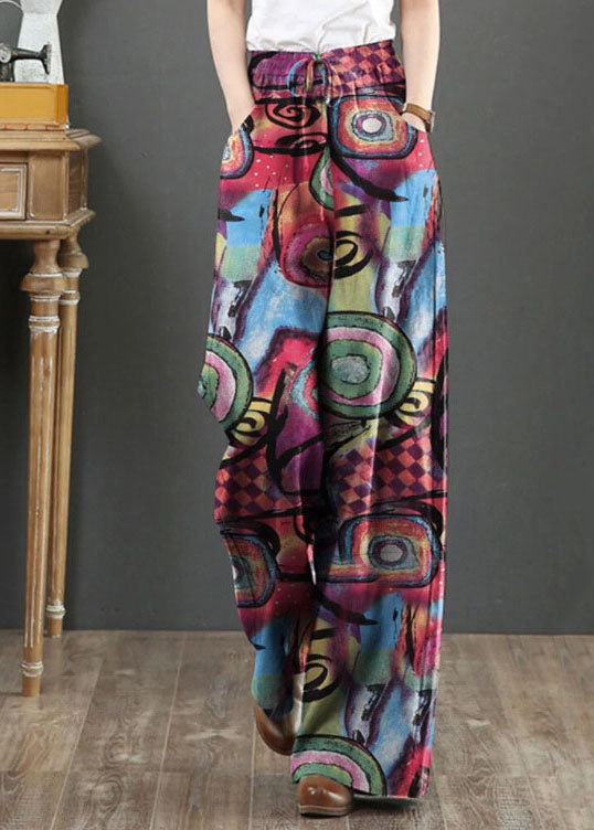 Red Elastic Waist Pockets Print Cotton Wide Leg Pants Summer
