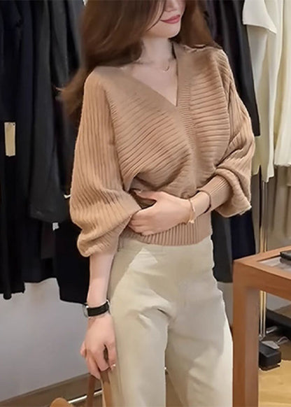 Khaki V Neck Patchwork Cozy Cotton Knit Sweater Fall