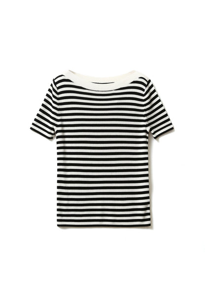 Black Striped O-neck Silk Knit T Shirts Sleeve