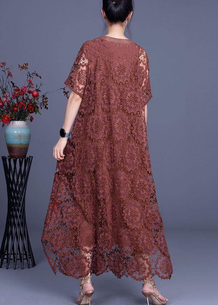 Diy Chocolate Embroideried Pockets Lace Button Summer Dresses